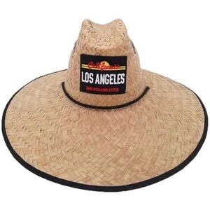 Classic Beige Straw Sun Hat with Black and Red Patch